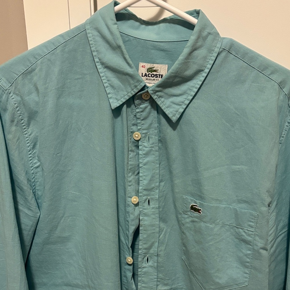 Lacoste Men's Aqua Button Down Shirt- size 40, men’s medium